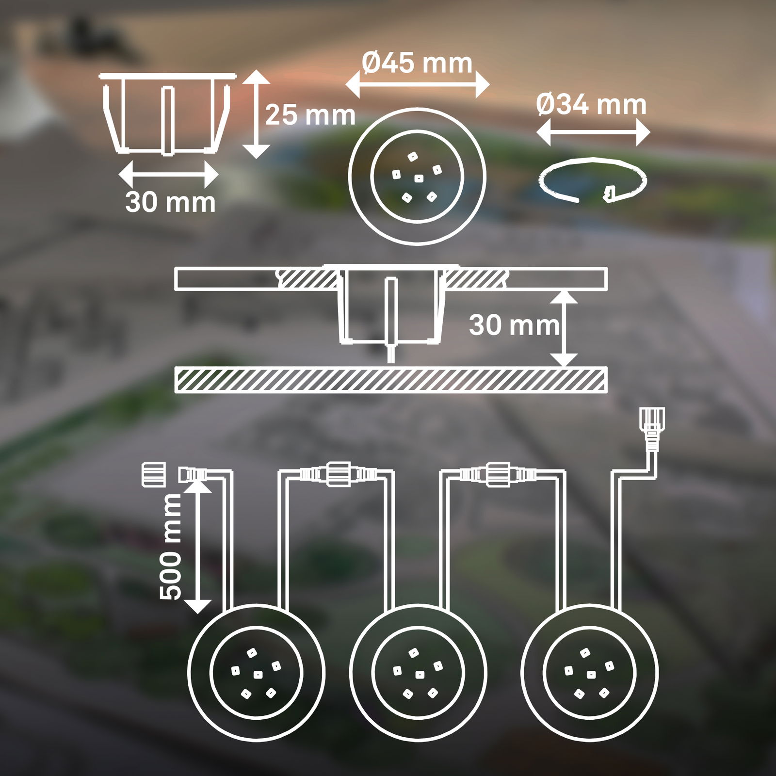 Diagramm eines Edelstahl-Erweiterungssets mit Abmessungen: 45 mm Durchmesser, 25 mm Höhe, 30 mm Einbautiefe, 34 mm Lochdurchmesser. Perspektive von der Seite und von oben.