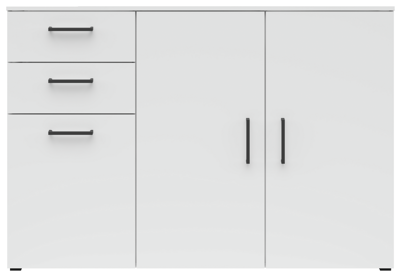 Weiße Kommode mit drei Schubladen und zwei Türen, schwarze Griffe, Frontalansicht
