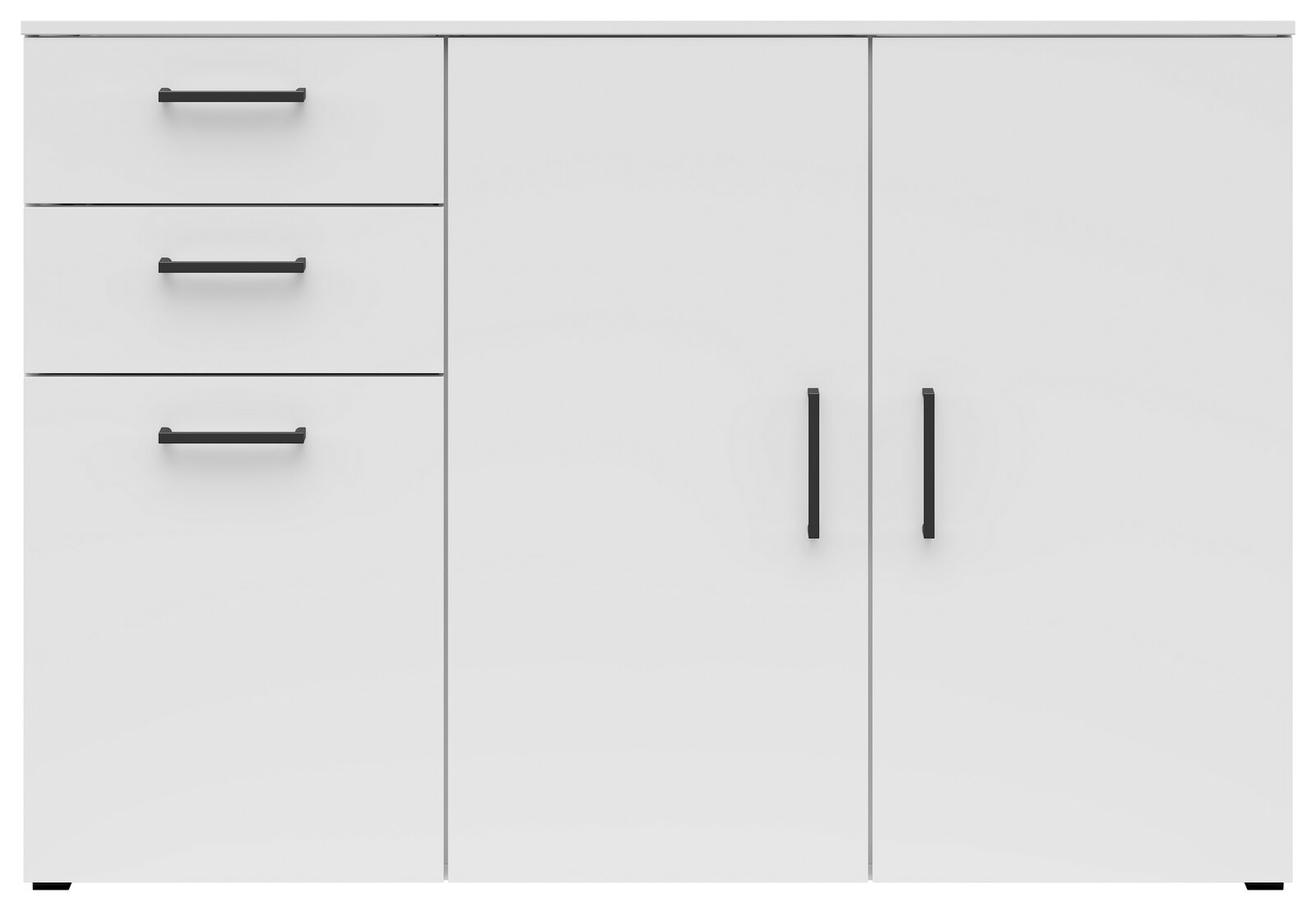 Weiße Kommode mit drei Schubladen und zwei Türen, schwarze Griffe, Frontalansicht