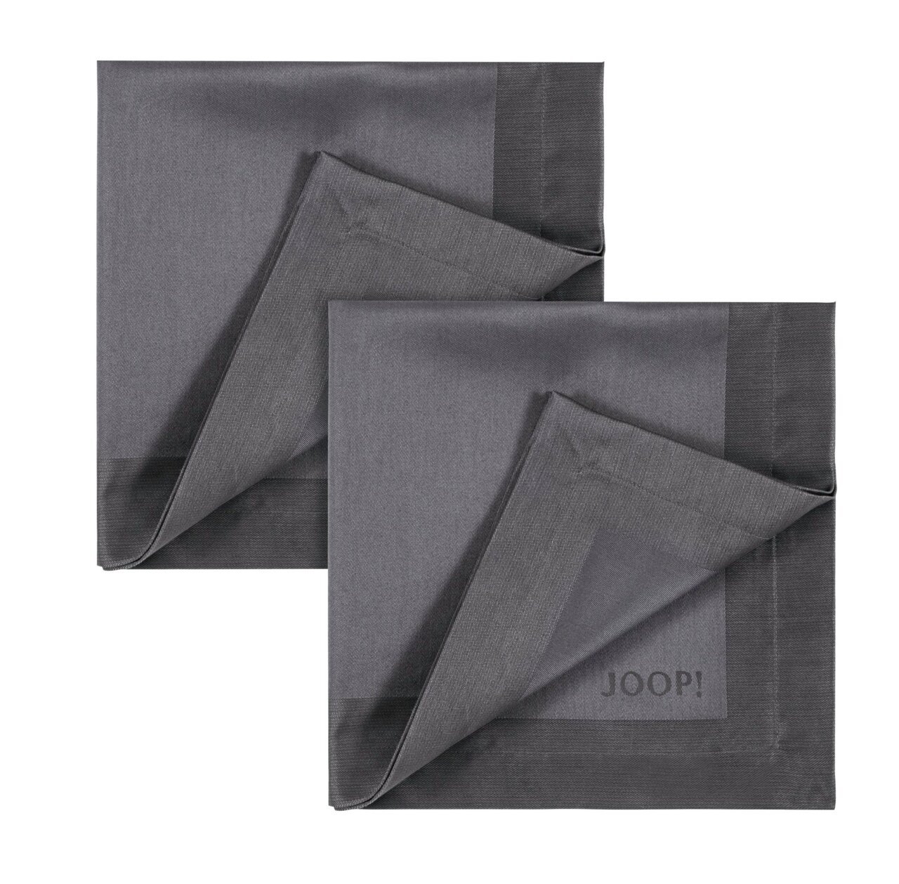 Zwei graue Servietten im Set, 50x50 cm, mit umgeschlagener Ecke und Joop-Logo, aus der Vogelperspektive.