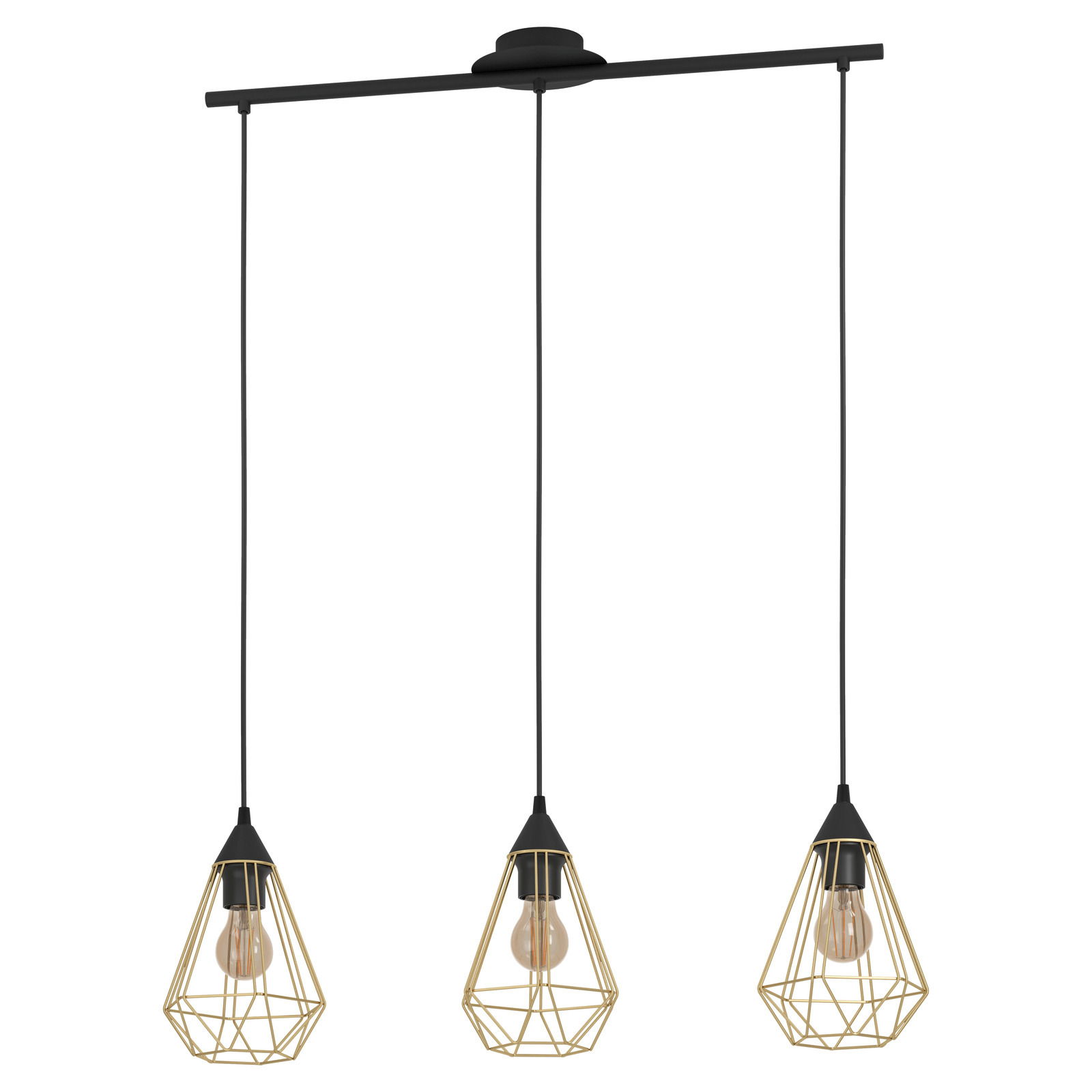 Dreiflammige Hängeleuchte Brush mit geometrischen, goldfarbenen Drahtschirmen, von vorne betrachtet.