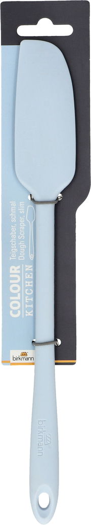 Hellblauer, schmaler Teigschaber von Birkmann, frontal abgebildet auf einer Verpackungskarte.