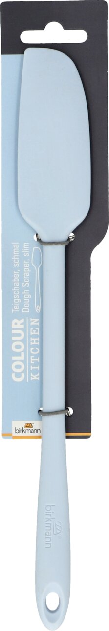 Hellblauer, schmaler Teigschaber von Birkmann, frontal abgebildet auf einer Verpackungskarte.