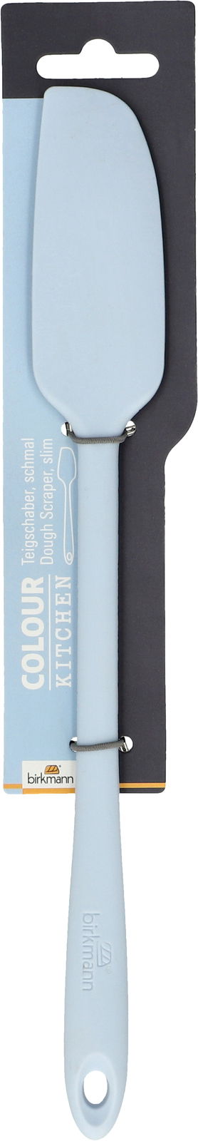 Hellblauer, schmaler Teigschaber von Birkmann, frontal abgebildet auf einer Verpackungskarte.