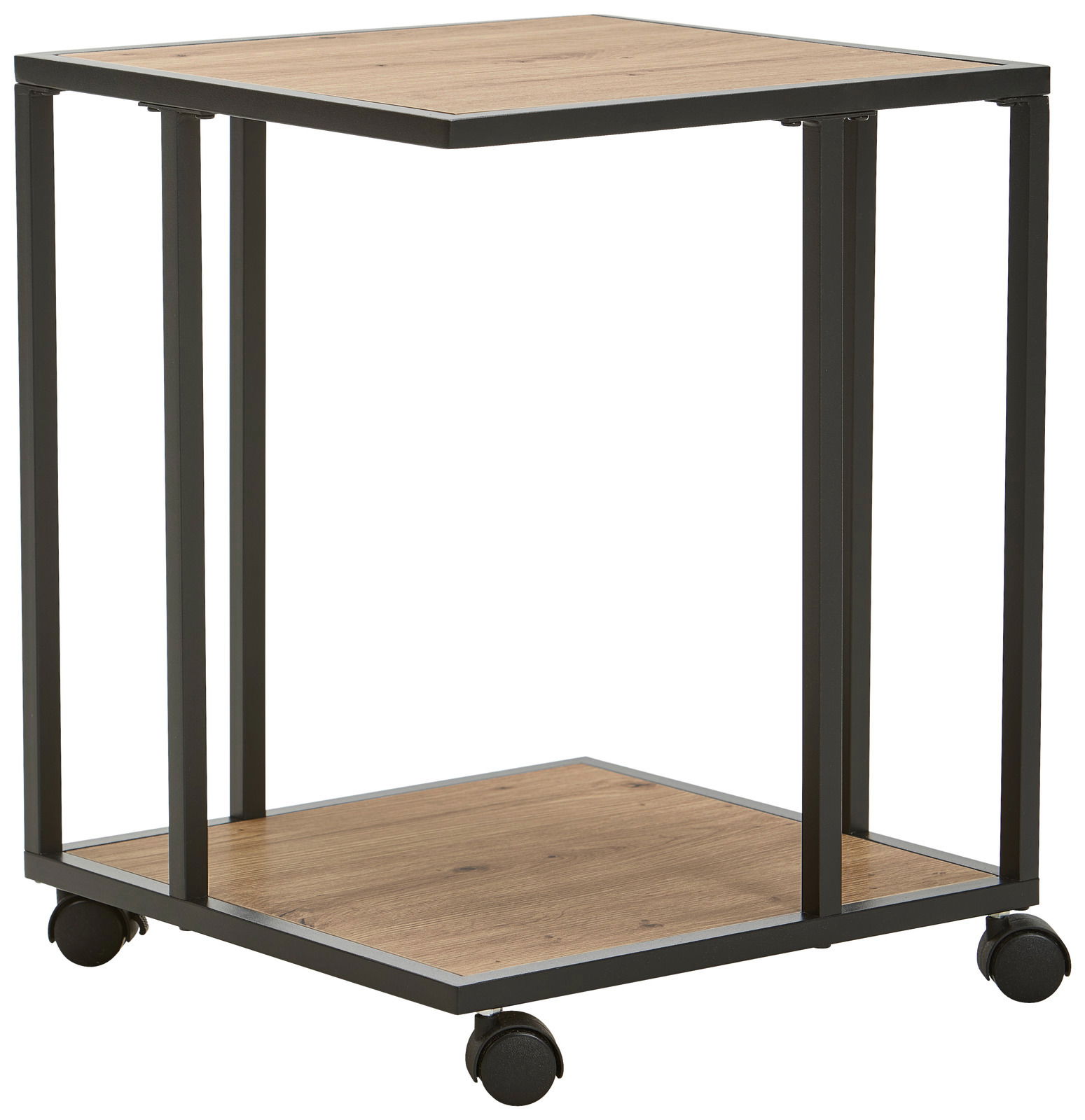 XORA Beistelltisch KARA Moderner Beistelltisch mit Holzoberfläche und schwarzem Metallrahmen, auf Rollen, seitliche Perspektive