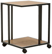Moderner Beistelltisch mit Holzoberfläche und schwarzem Metallrahmen, auf Rollen, seitliche Perspektive