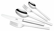 Set aus Edelstahlbesteck bestehend aus Messer, Gabel, Löffel und Teelöffel in Draufsicht.