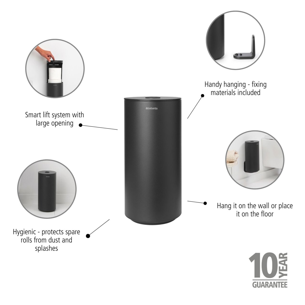 Schwarzer Toilettenrollenspender mit intelligentem Hebesystem und großer Öffnung, inklusive Befestigungsmaterialien, kann an der Wand montiert oder auf den Boden gestellt werden. Perspektive: Frontalansicht.