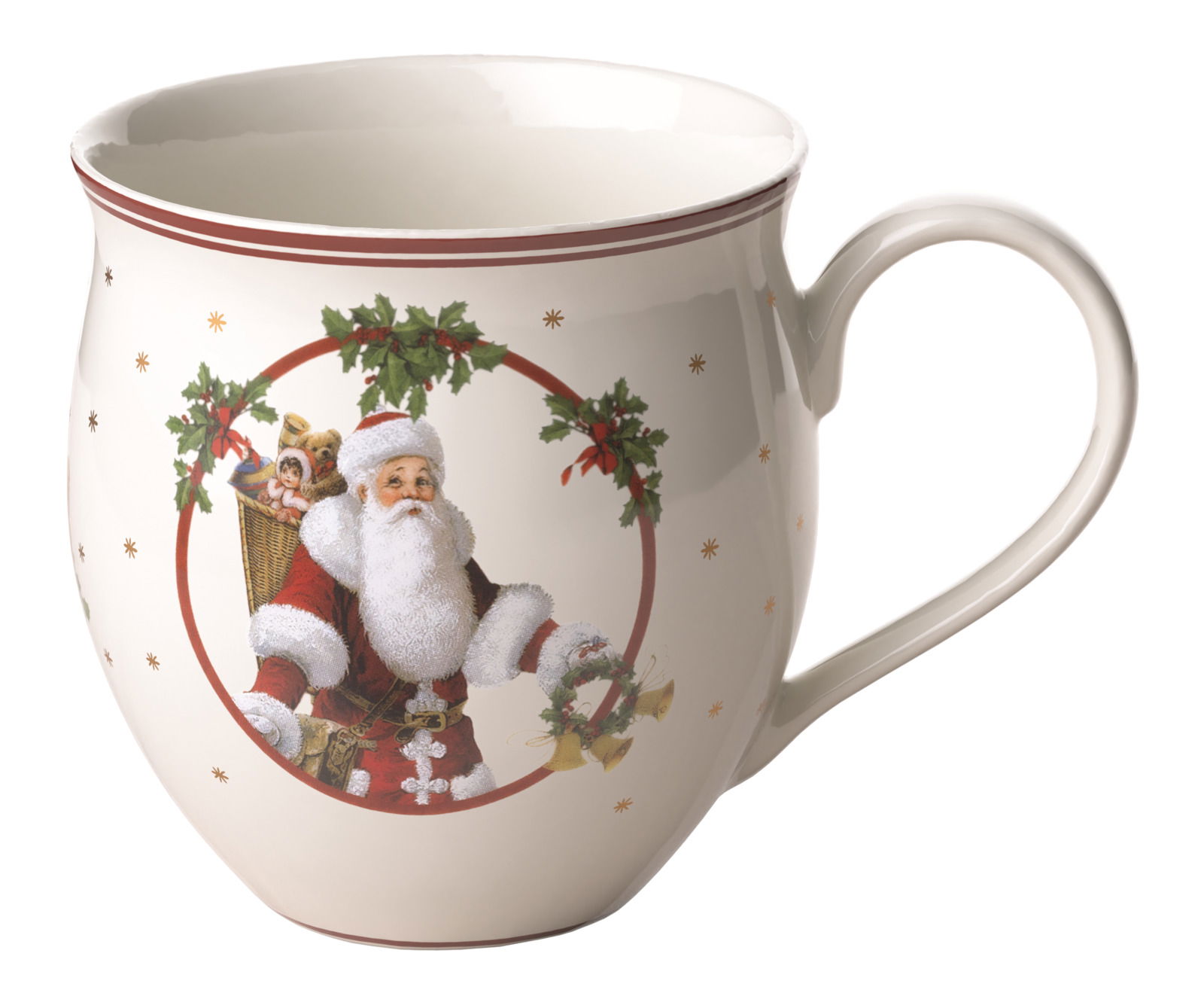Weihnachtsbecher mit Santa Claus-Motiv, seitliche Perspektive