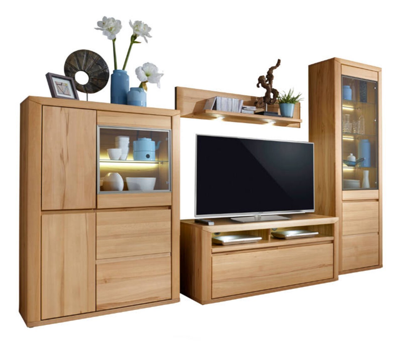 Moderne Wandkombination aus Holz mit TV-Schrank, Vitrinen und Regalen, frontal betrachtet