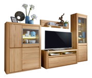 Moderne wandcombinatie van hout met tv-kast, vitrinekasten en planken, gezien vanaf de voorkant