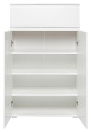 Weiße Kommode mit geöffneten Türen und drei Regalböden, Frontalansicht