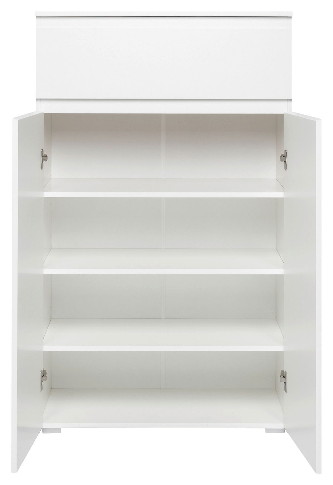 Weiße Kommode mit geöffneten Türen und drei Regalböden, Frontalansicht