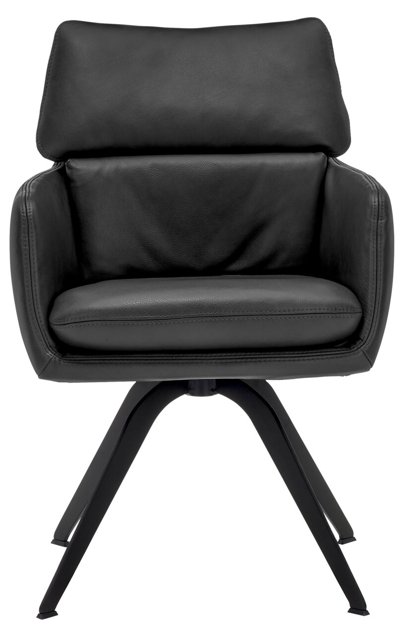 Zwarte leren fauteuil WK 723, gezien van voren, met een modern ontwerp en metalen poten
