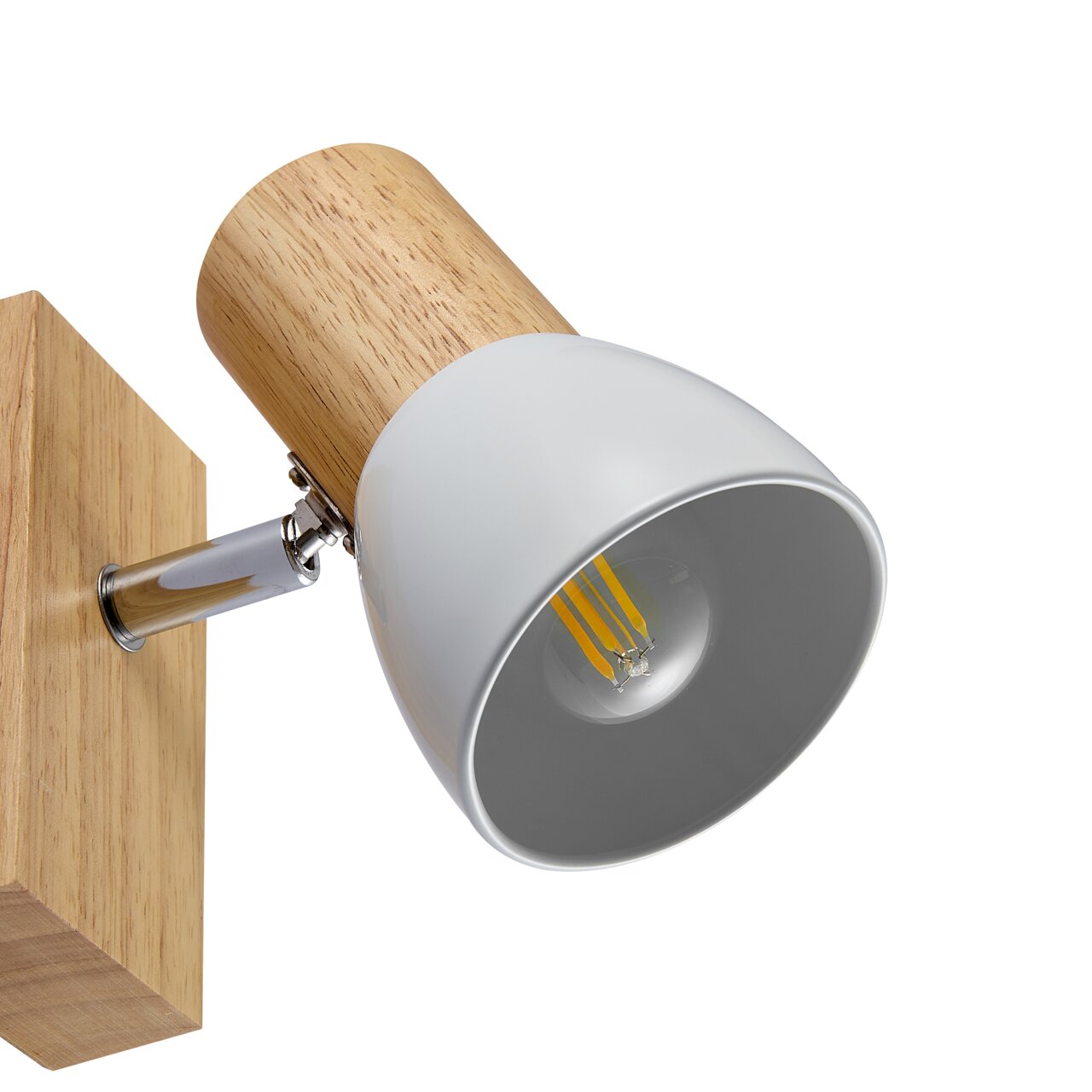 Moderner Strahler mit Holz- und Metallelementen, seitliche Perspektive