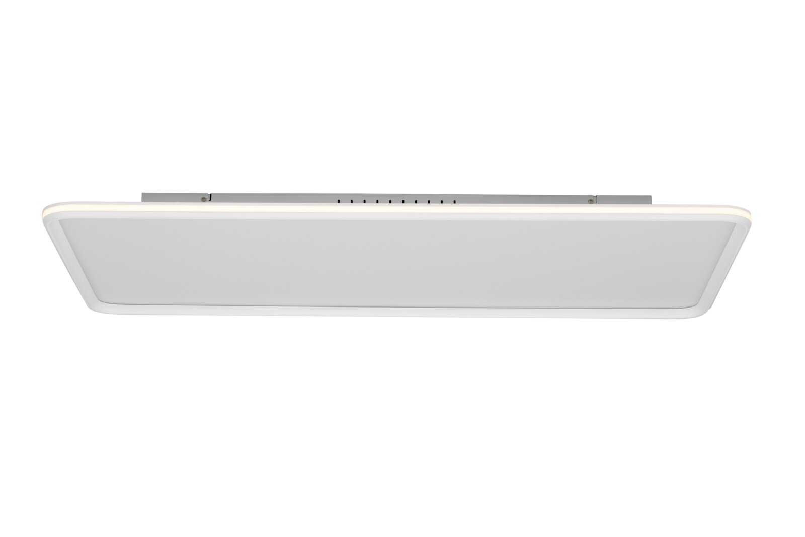 Rechthoekige LED-plafondlamp/paneel in wit met vlakke lichtverspreider, van onderaf gezien in vooraanzicht op een witte achtergrond