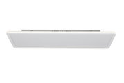 Rechthoekige LED-plafondlamp/paneel in wit met vlakke lichtverspreider, van onderaf gezien in vooraanzicht op een witte achtergrond