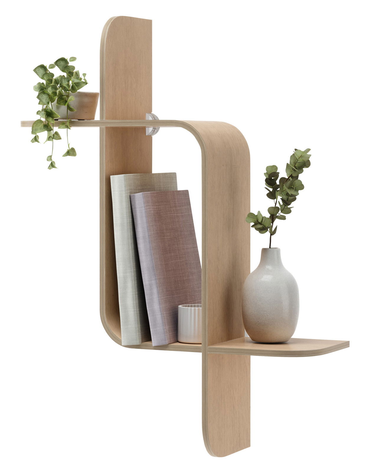 Modernes Wandregal aus Holz mit geschwungenem Design, dekoriert mit Pflanzen und Büchern, seitliche Perspektive.