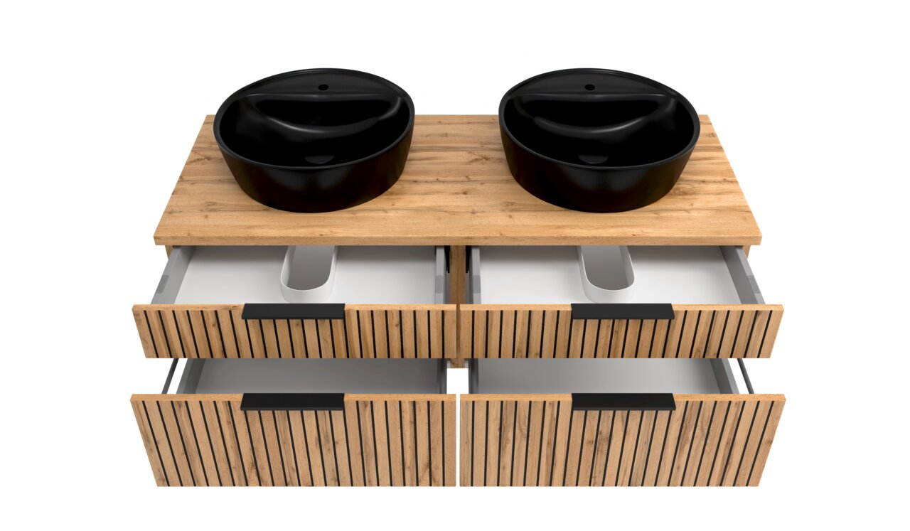 Waschtisch-Set mit zwei schwarzen Waschbecken auf einer Holzplatte, darunter Schubladen mit Holzlamellen, Ansicht von oben