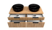 Waschtisch-Set mit zwei schwarzen Waschbecken auf einer Holzplatte, darunter Schubladen mit Holzlamellen, Ansicht von oben