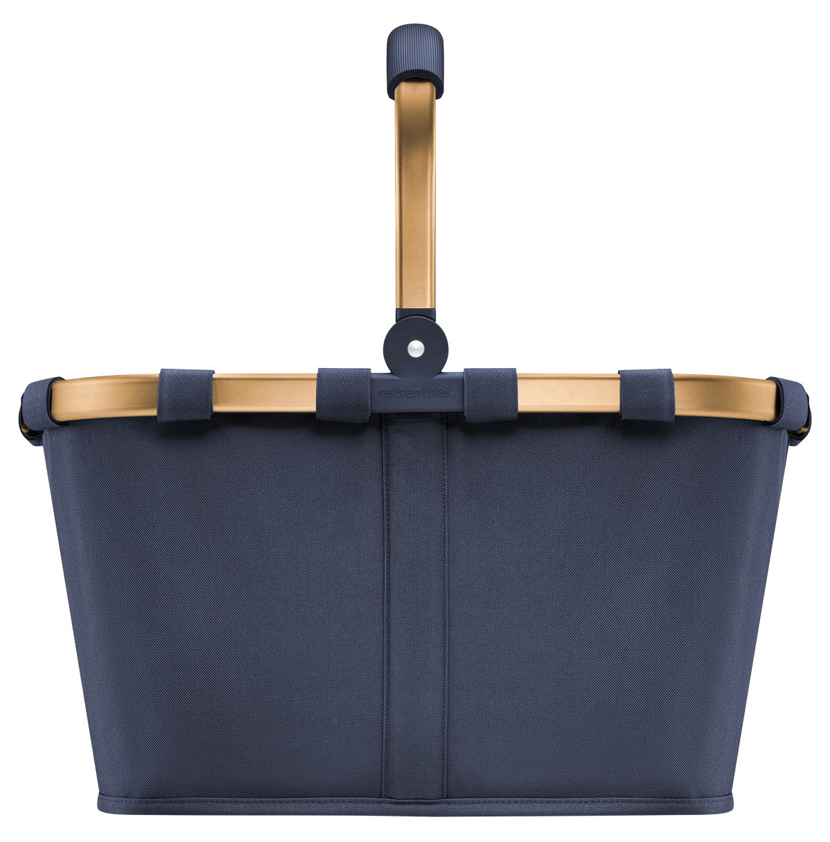 Tragetasche in Dunkelblau mit goldfarbenem Griff, Frontalansicht