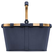 Tragetasche in Dunkelblau mit goldfarbenem Griff, Frontalansicht