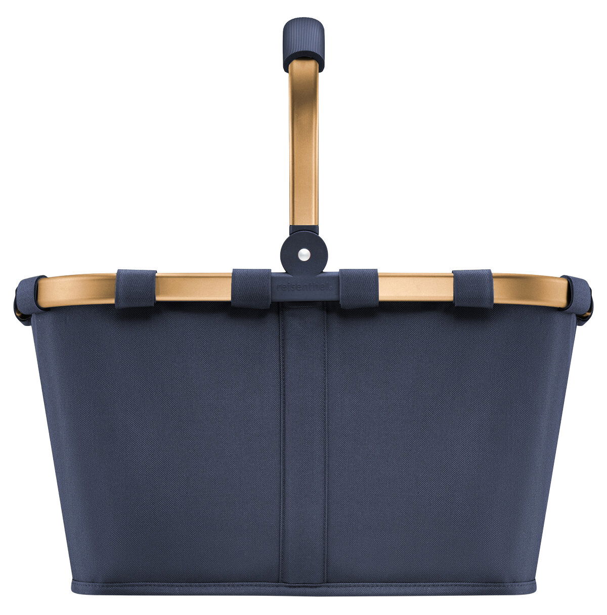Tragetasche in Dunkelblau mit goldfarbenem Griff, Frontalansicht