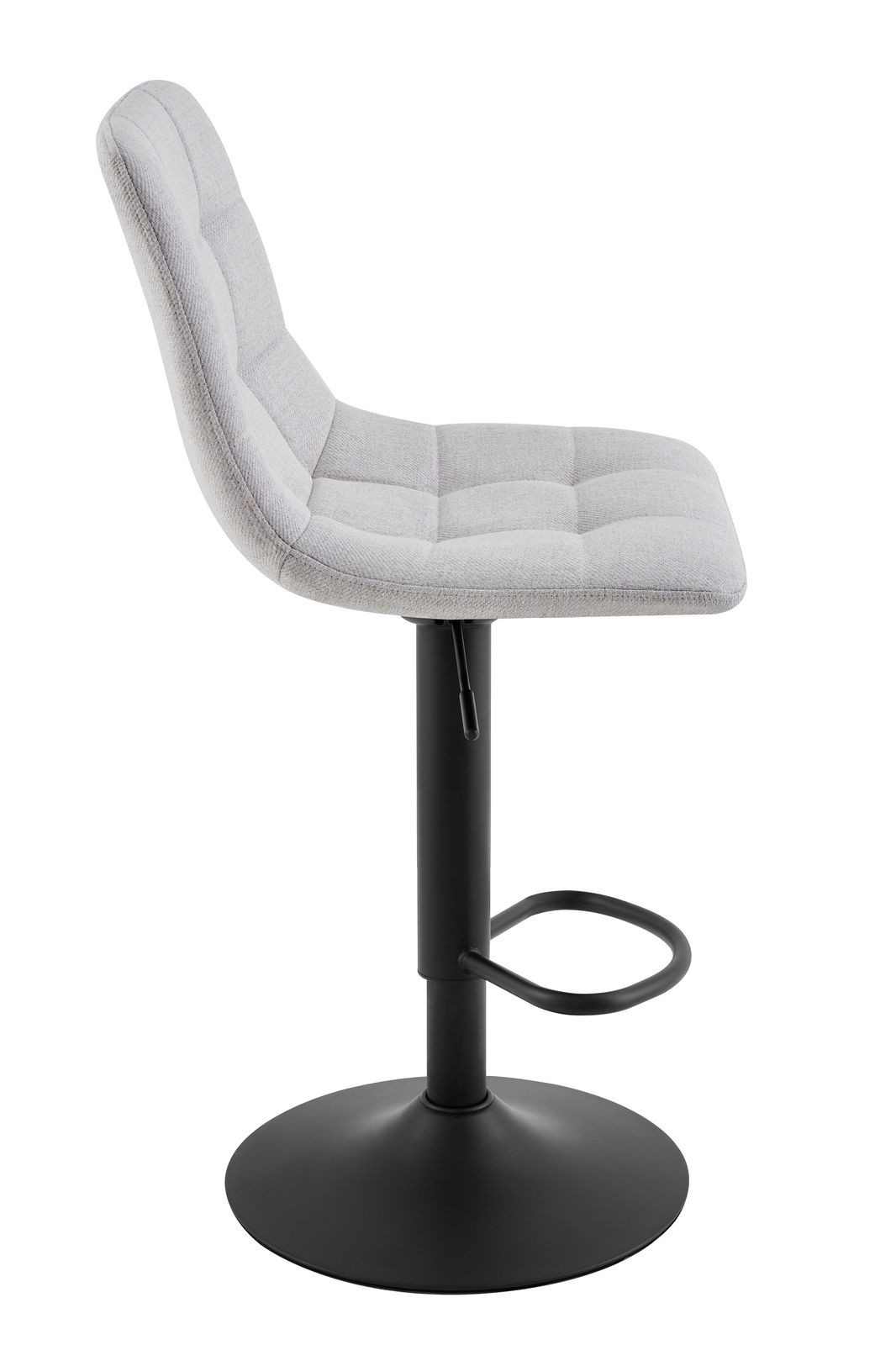 Seitenansicht eines modernen Barhockers mit grauem, gepolstertem Sitz und schwarzem Metallgestell.