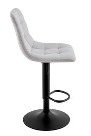 Seitenansicht eines modernen Barhockers mit grauem, gepolstertem Sitz und schwarzem Metallgestell.