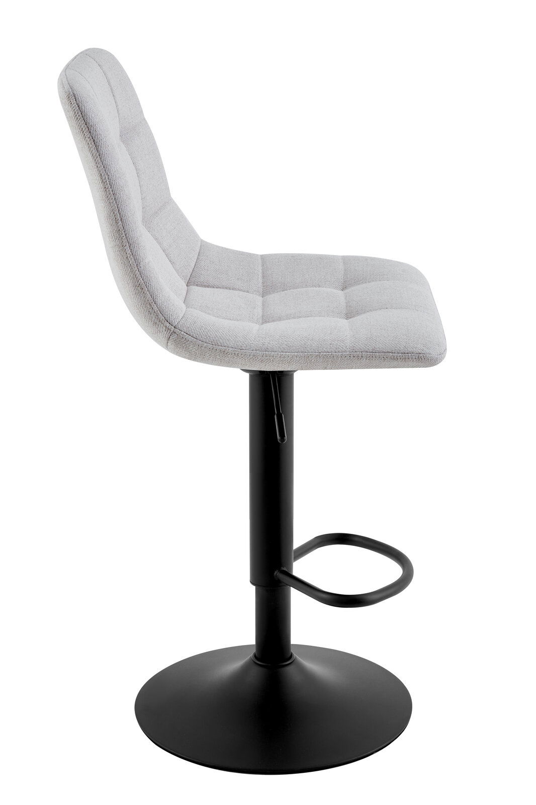 Seitenansicht eines modernen Barhockers mit grauem, gepolstertem Sitz und schwarzem Metallgestell.
