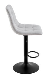 Seitenansicht eines modernen Barhockers mit grauem, gepolstertem Sitz und schwarzem Metallgestell.