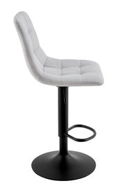 Seitenansicht eines modernen Barhockers mit grauem, gepolstertem Sitz und schwarzem Metallgestell.
