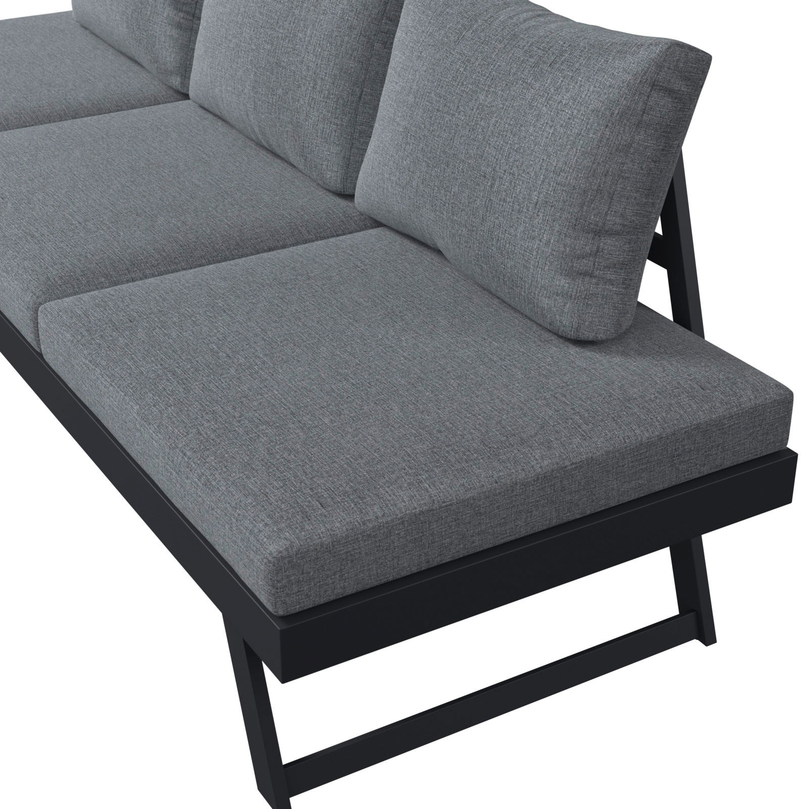 Graues Lounge-Sofa mit Kissen, seitliche Perspektive