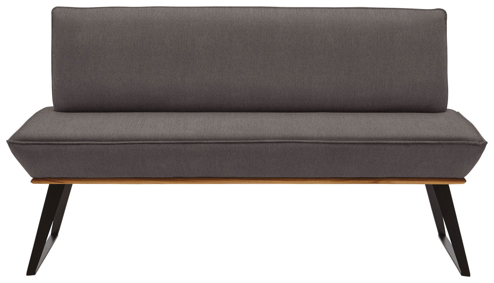 Graue Bank mit Holz- und Metallbeinen, Frontalansicht