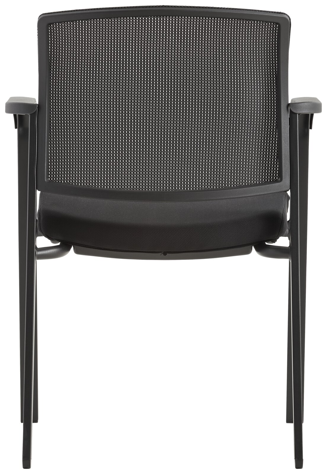 Rückansicht eines schwarzen Besucherstuhls mit Netzrückenlehne und Armlehnen