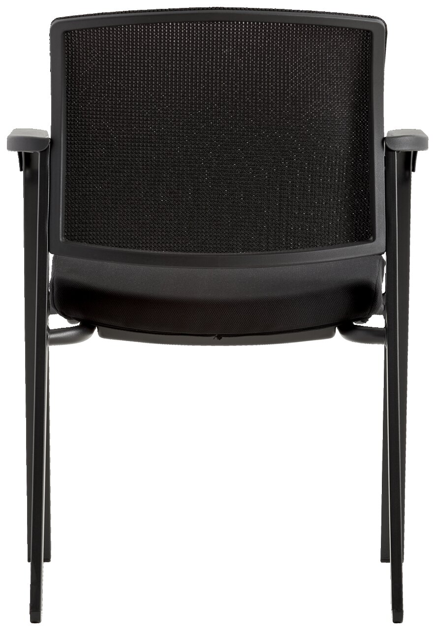 Rückansicht eines schwarzen Besucherstuhls mit Netzrückenlehne und Armlehnen