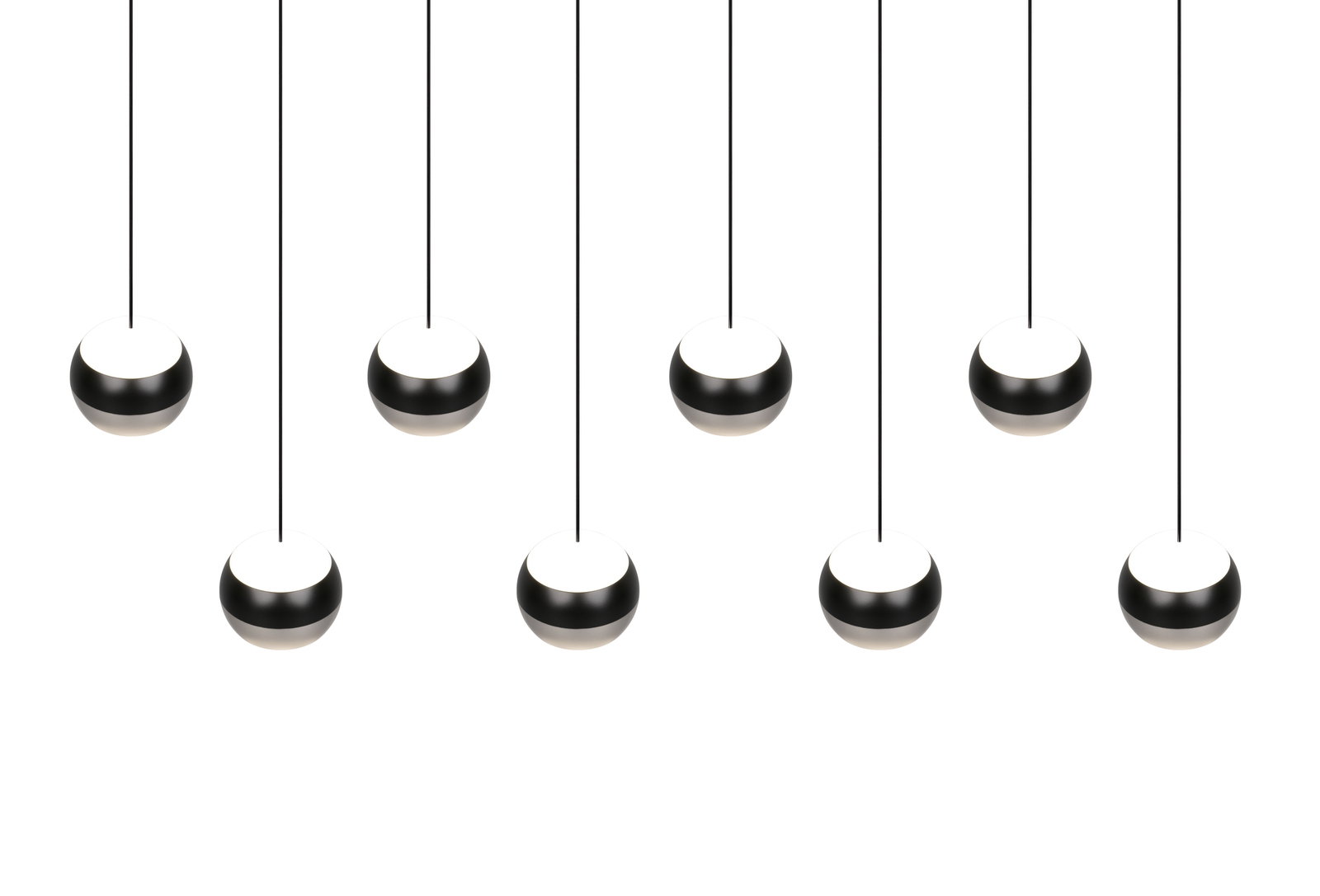 Moderne Pendelleuchte mit mehreren kugelförmigen Lampen, von unten betrachtet.