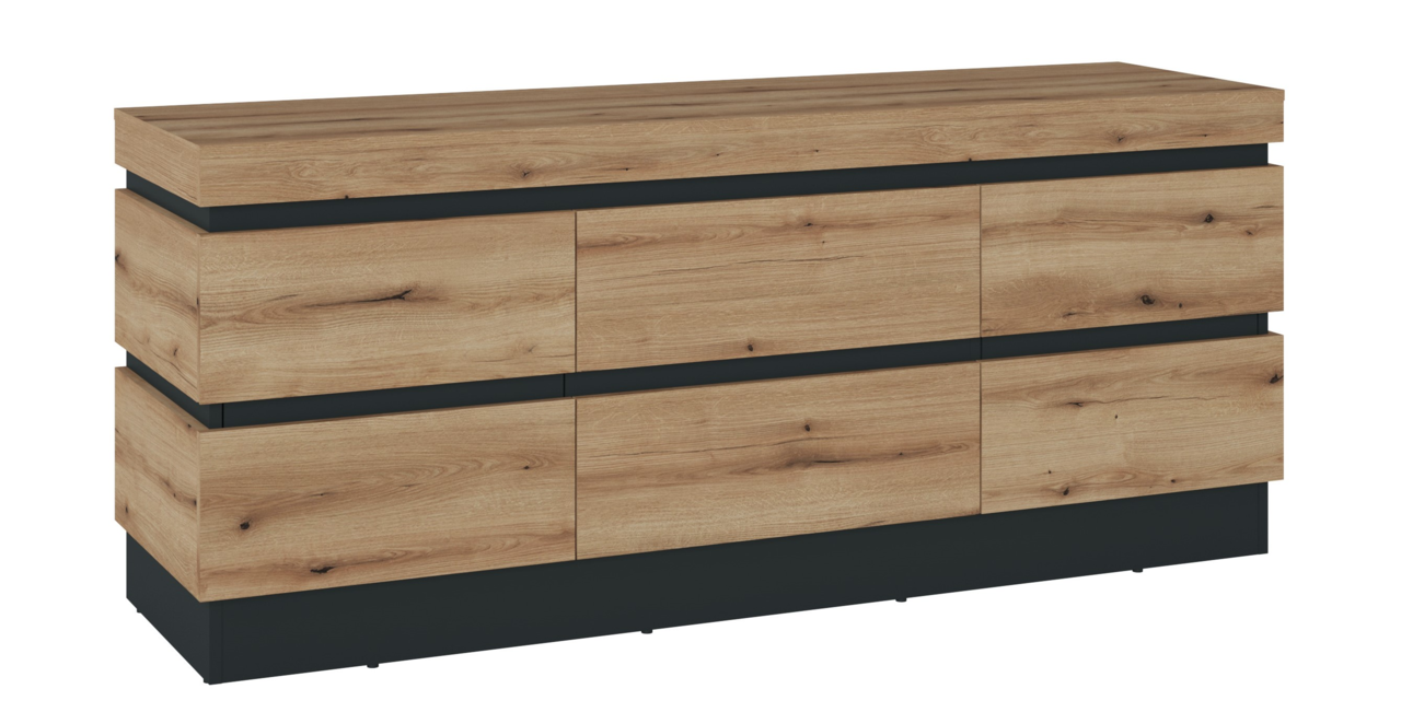 TV-Lowboard aus Holz mit modernem Design, seitliche Perspektive