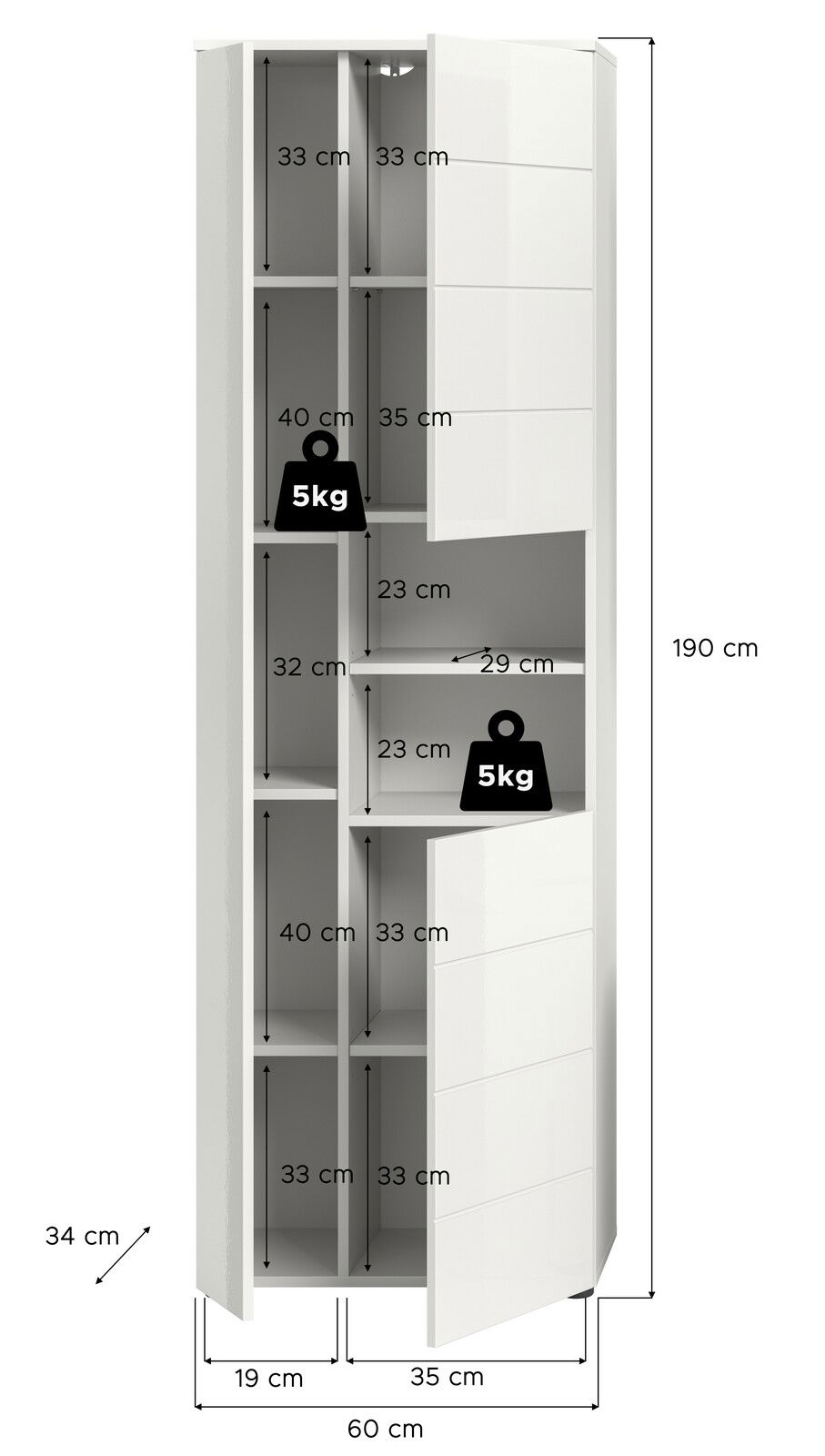 Hochschrank mit mehreren Fächern und offenen Türen, Maße: 190 cm hoch, 60 cm breit, 34 cm tief, Frontansicht