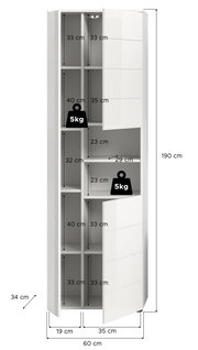 Hochschrank mit mehreren Fächern und offenen Türen, Maße: 190 cm hoch, 60 cm breit, 34 cm tief, Frontansicht