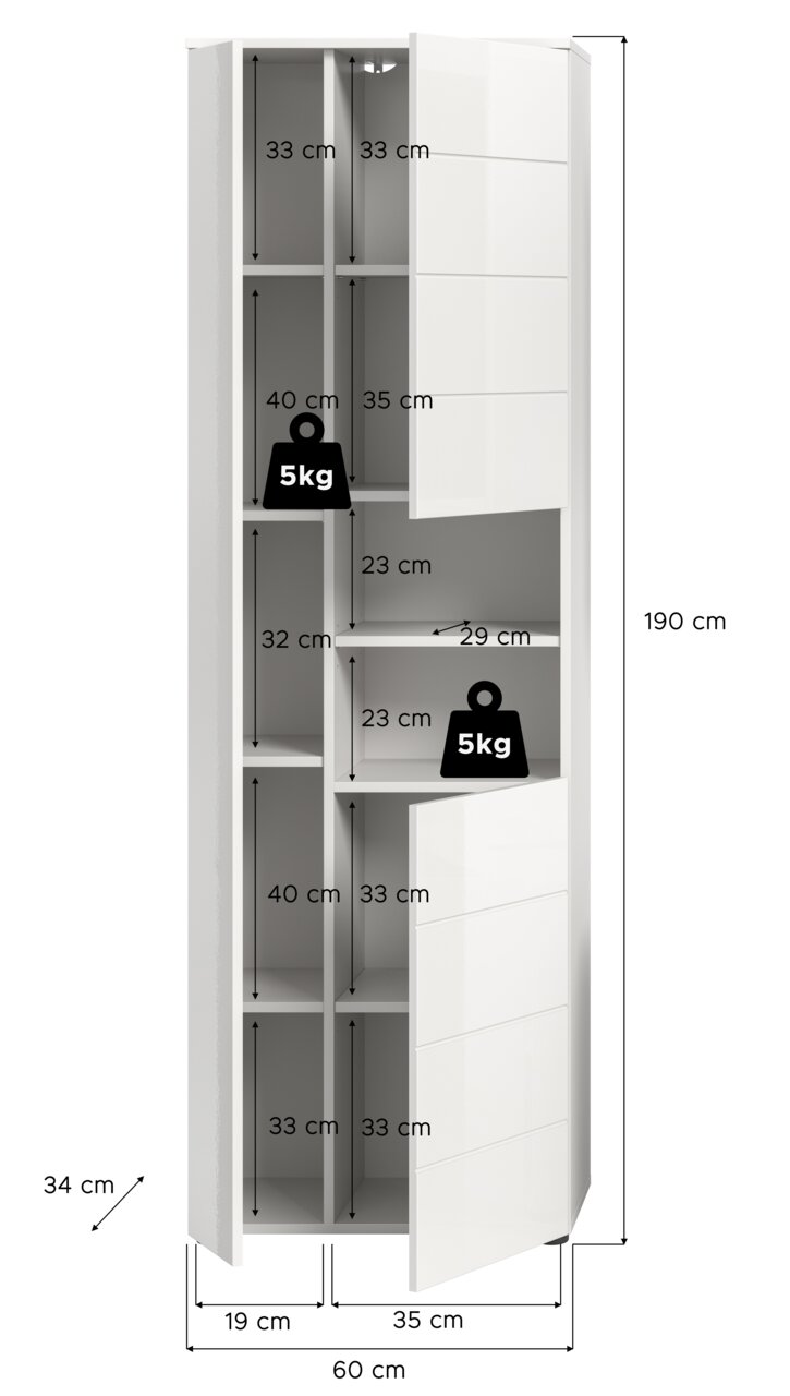 Hochschrank mit mehreren Fächern und offenen Türen, Maße: 190 cm hoch, 60 cm breit, 34 cm tief, Frontansicht