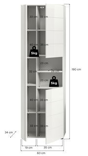 Hochschrank mit mehreren Fächern und offenen Türen, Maße: 190 cm hoch, 60 cm breit, 34 cm tief, Frontansicht