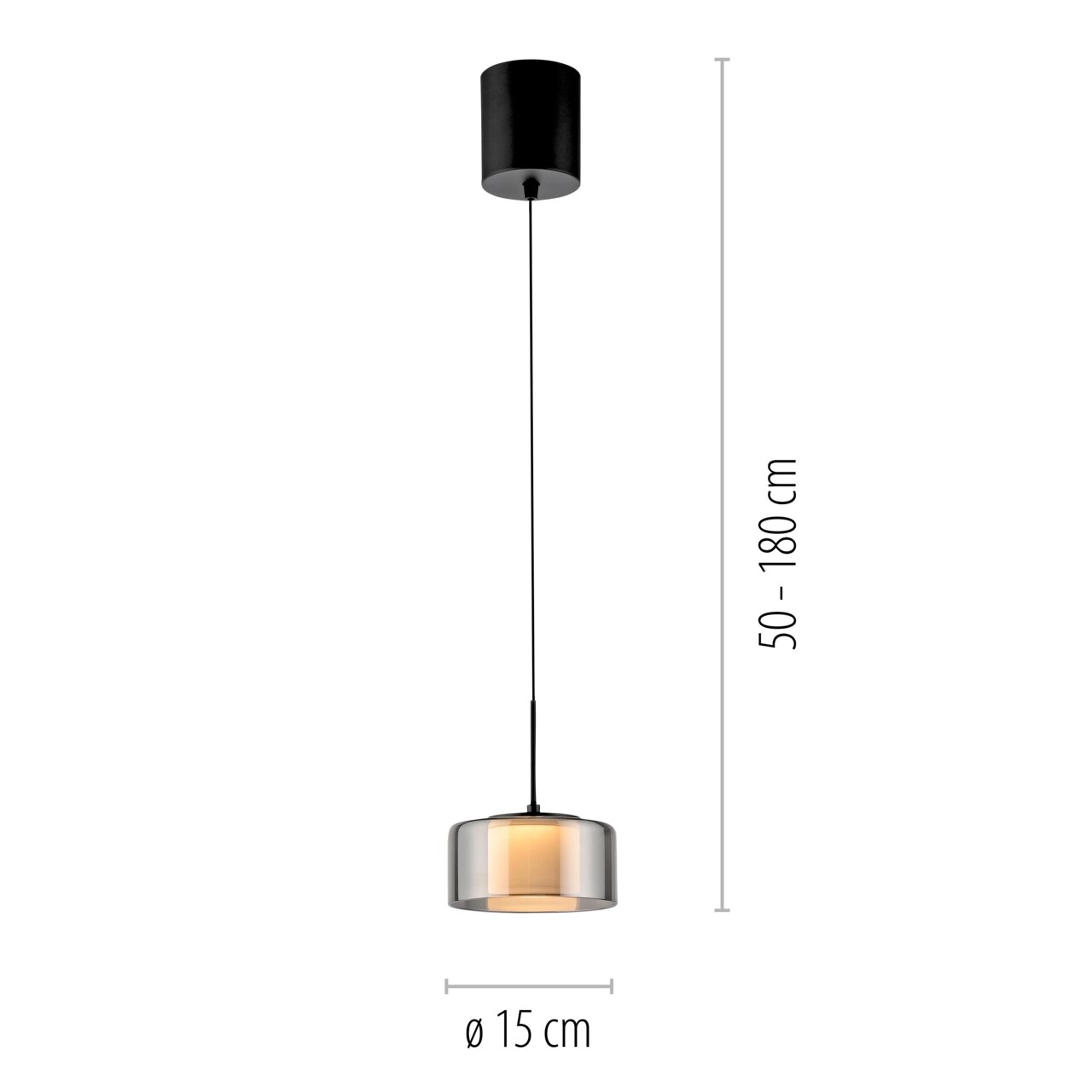 Moderne Pendelleuchte RIKA von Paul Neuhaus mit verstellbarer Höhe von 50 bis 180 cm, schwarzem Baldachin und elegantem, transparentem Lampenschirm. Seitenansicht.