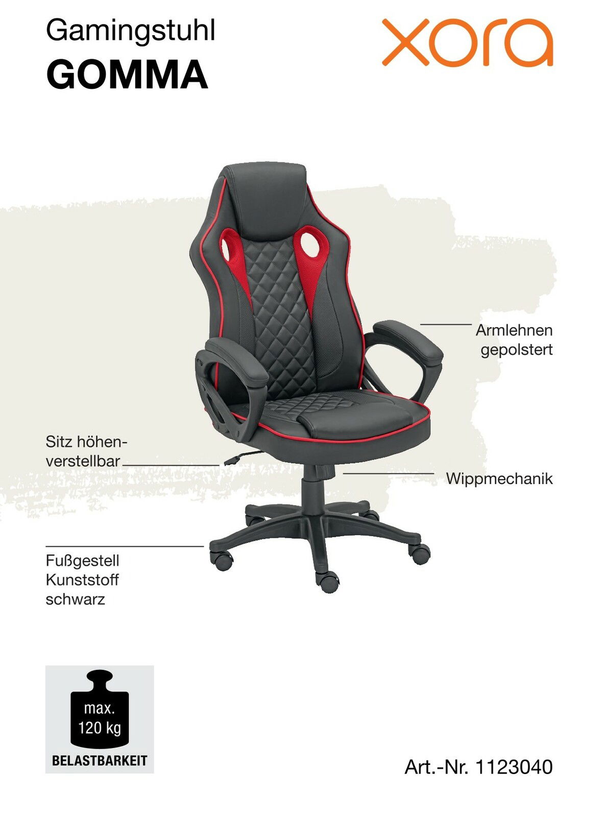 Gamingstuhl GOMMA in Schwarz und Rot mit gepolsterten Armlehnen, höhenverstellbarem Sitz und Wippmechanik, seitliche Perspektive