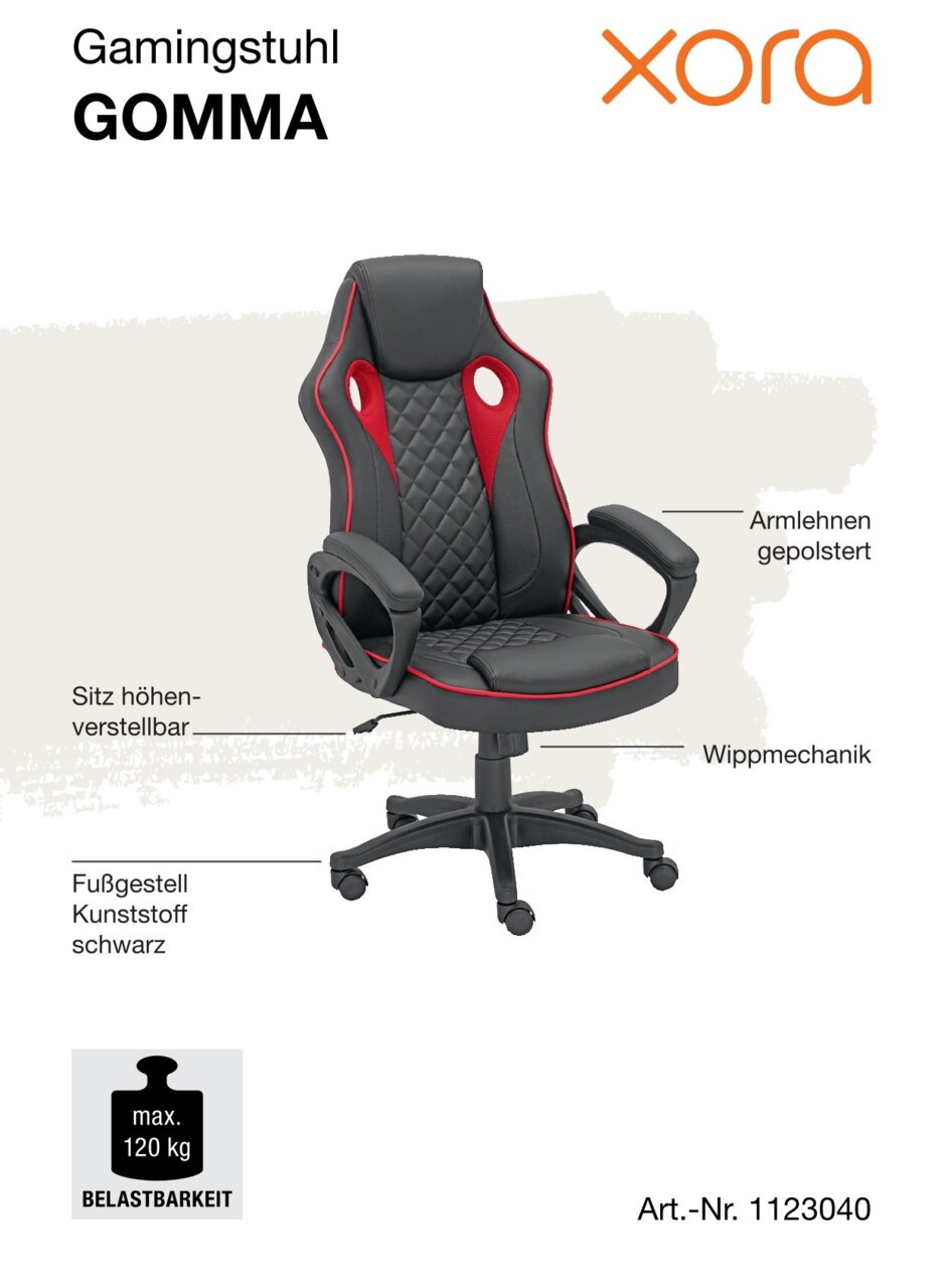 Gamingstuhl GOMMA in Schwarz und Rot mit gepolsterten Armlehnen, höhenverstellbarem Sitz und Wippmechanik, seitliche Perspektive