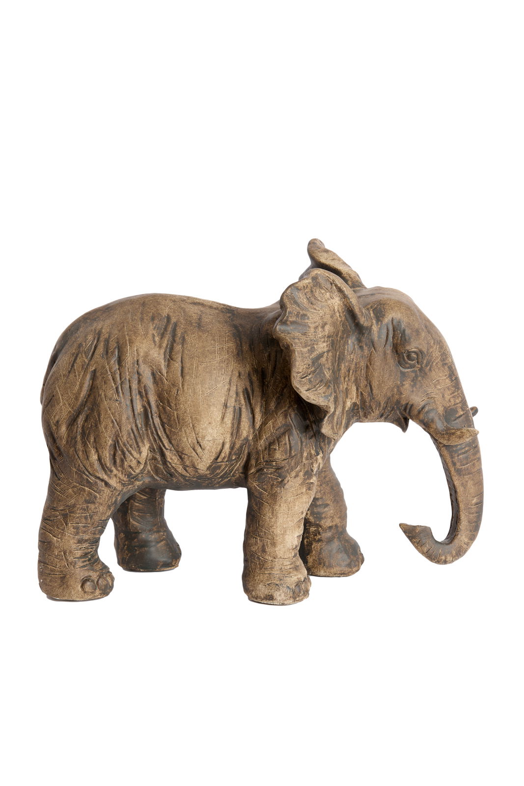 Holzelefant von der Seite betrachtet, mit detaillierter Struktur und natürlicher Holzoptik.