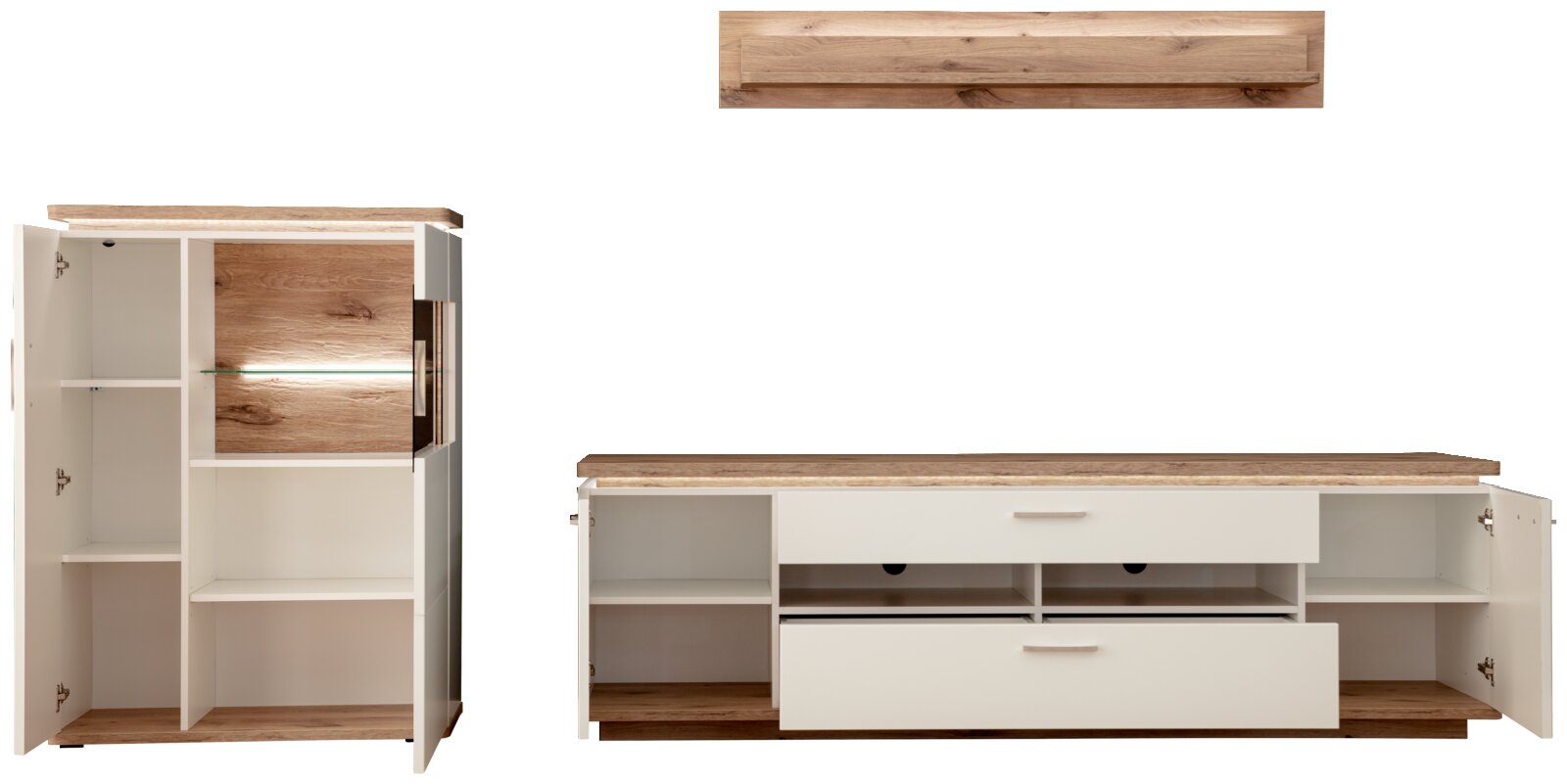 Weißes Sideboard/Highboard-Set mit Holzoptik-Deckplatte und offenen Türen/Schubladen, Frontansicht mit leicht erhöhter Perspektive, zeigt Innenfächer und Stauraum