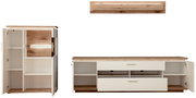 Weißes Sideboard/Highboard-Set mit Holzoptik-Deckplatte und offenen Türen/Schubladen, Frontansicht mit leicht erhöhter Perspektive, zeigt Innenfächer und Stauraum