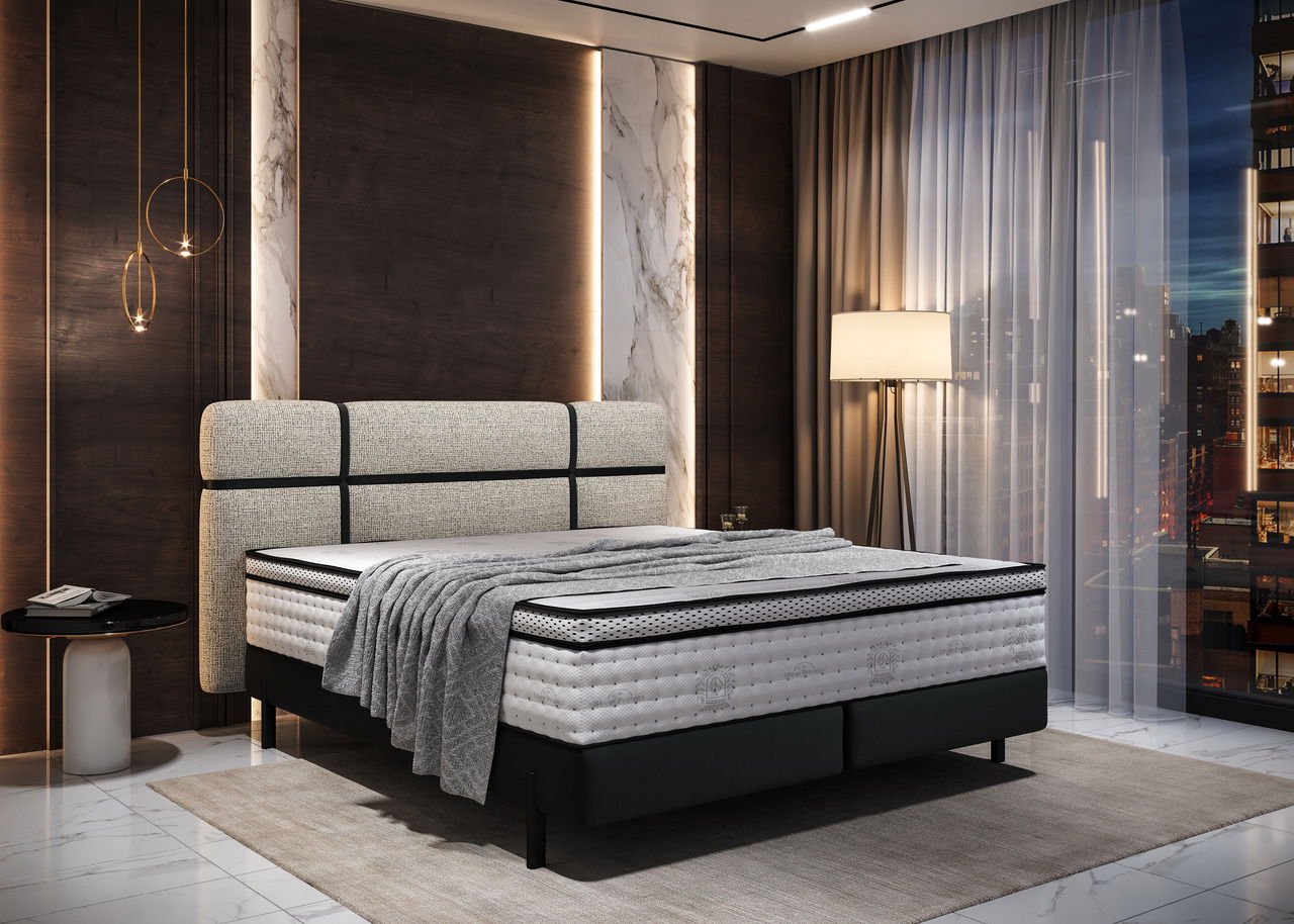 Modernes Boxspringbett in einem stilvollen Schlafzimmer mit seitlicher Perspektive, umgeben von eleganter Beleuchtung und großen Fenstern.