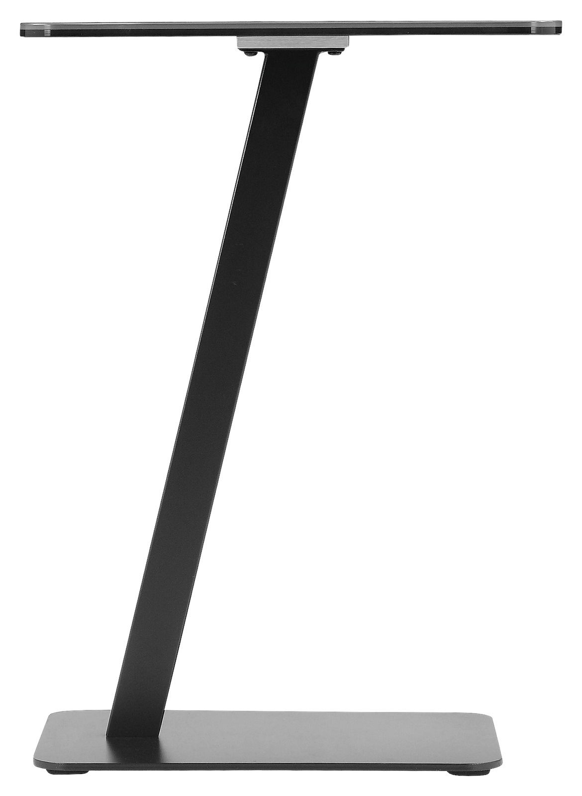 Moderner Beistelltisch mit schrägem Metallgestell und rechteckiger Tischplatte, seitliche Perspektive